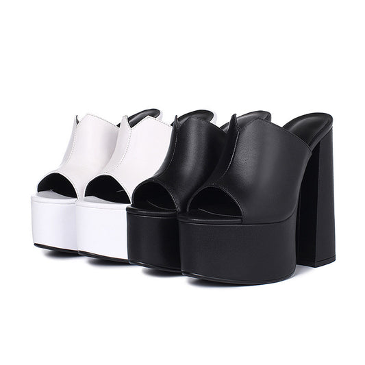 Waterproof Platform Leather Super High Heel Sandals Full Grain Soft First Layer Cowhide