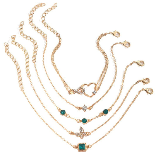 Set di gioielli con braccialetti in cristallo verde Bohemian da 5 pezzi per donna