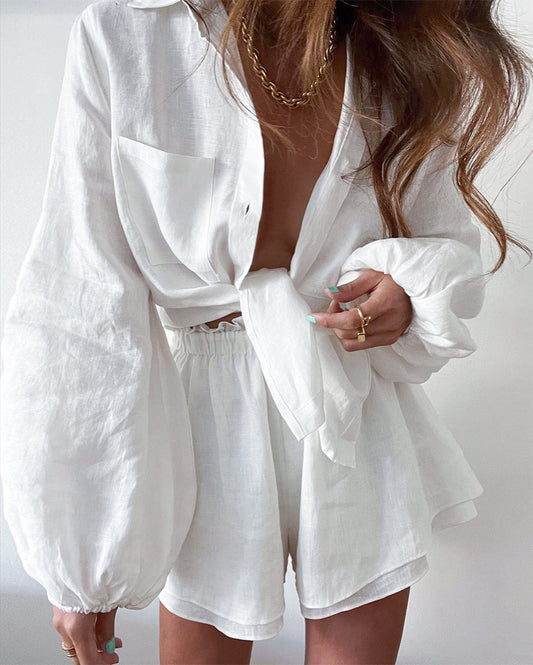 European And American Cotton Linen Women's Long-sleeved Top Ruffle Shorts