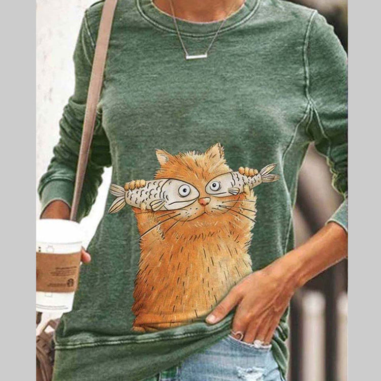 Cat Print Long Sleeve Round Neck Pullover Women's T-Shirt