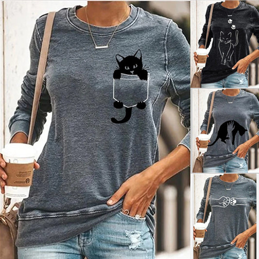 Cat Print Long Sleeve Round Neck Pullover Women's T-Shirt