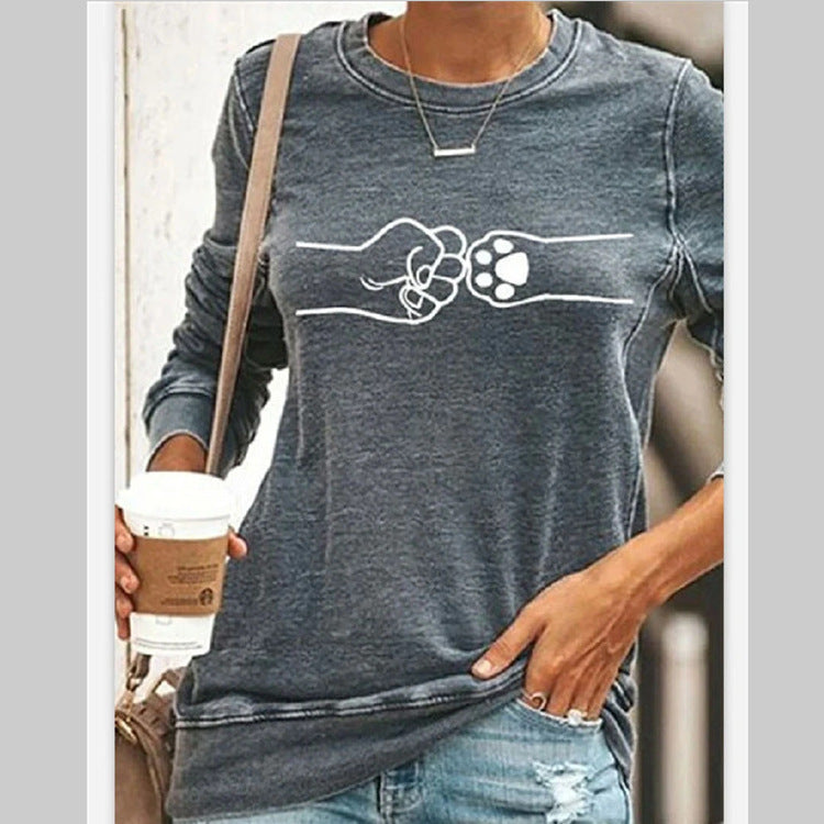 Cat Print Long Sleeve Round Neck Pullover Women's T-Shirt