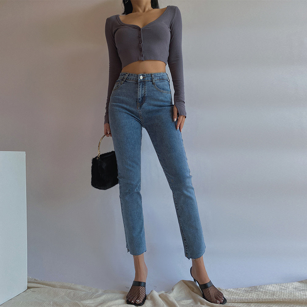 Damen High Waist Slim Schlankmachende Stretch-Jeans