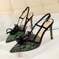 Women's Shoes High Heel Shallow Mouth Pointed Toe Mesh Lace Cutout Strap Sandals