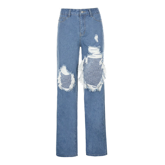 Jeans casual larghi a vita alta con lavaggio alla moda
