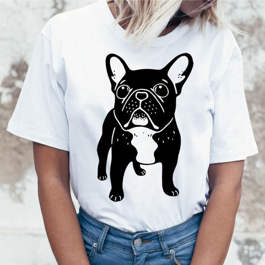 Cartoon Animal Cat And Dog Print Slim Round Neck Street Trendy Women's Shirt