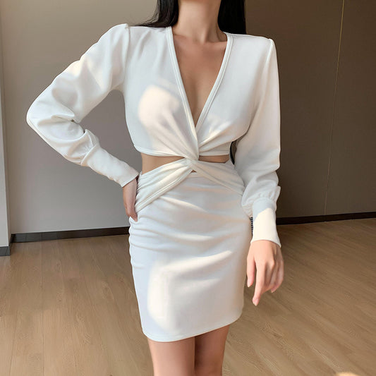 Neu Herbst Langarm Dünnes Kleid Sexy Kragen Puff Sleeve Set Kleid