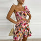 Blumen One-Shoulder Plissee Top Rüschenrock Anzug
