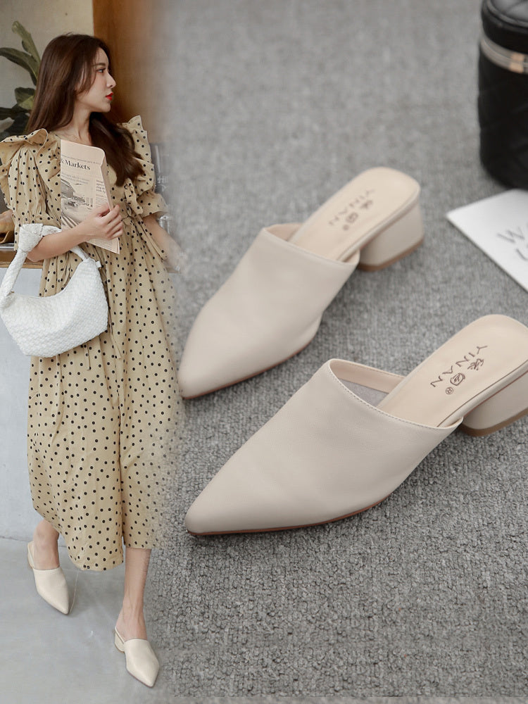 Sandals With Soft Leather Half-support Single Shoes Pointed Toe Mules