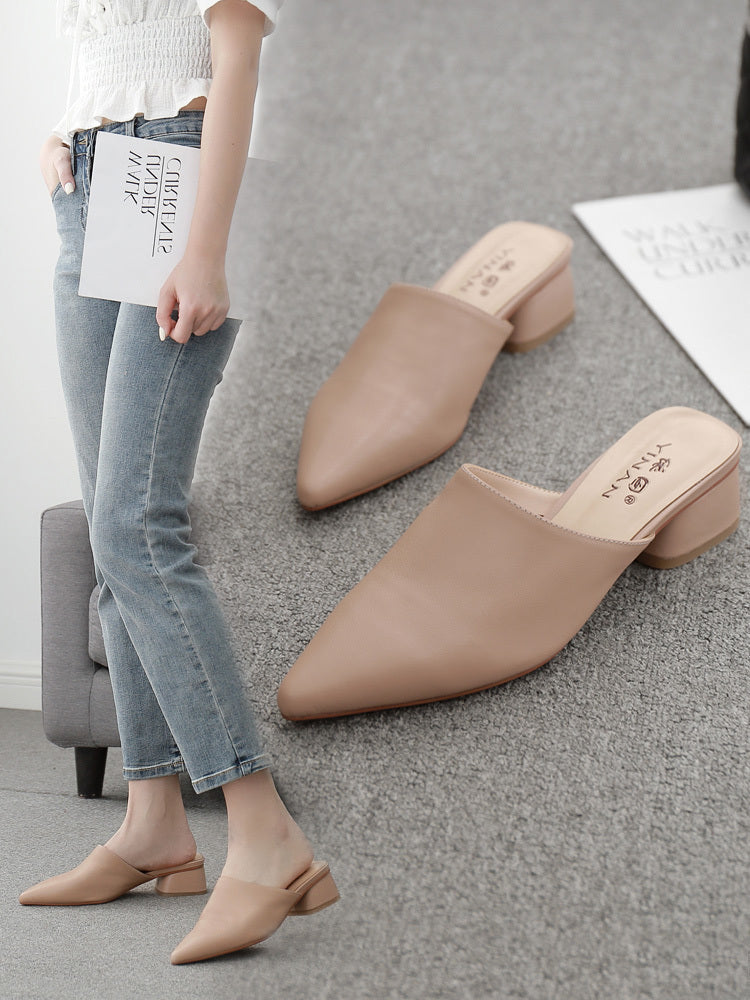 Sandals With Soft Leather Half-support Single Shoes Pointed Toe Mules