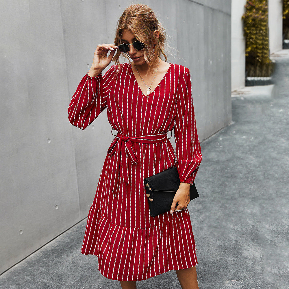 Herbst Einfaches Gestreiftes Kleid Damen