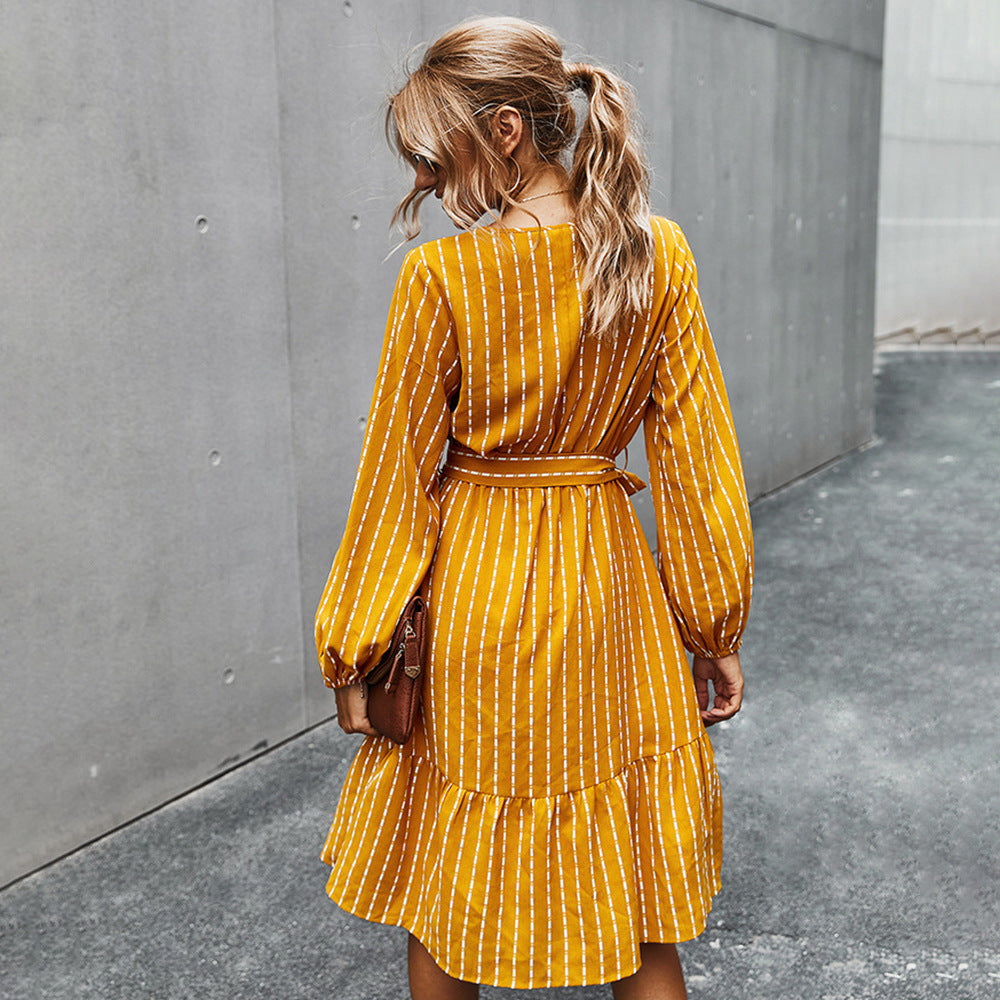 Herbst Einfaches Gestreiftes Kleid Damen