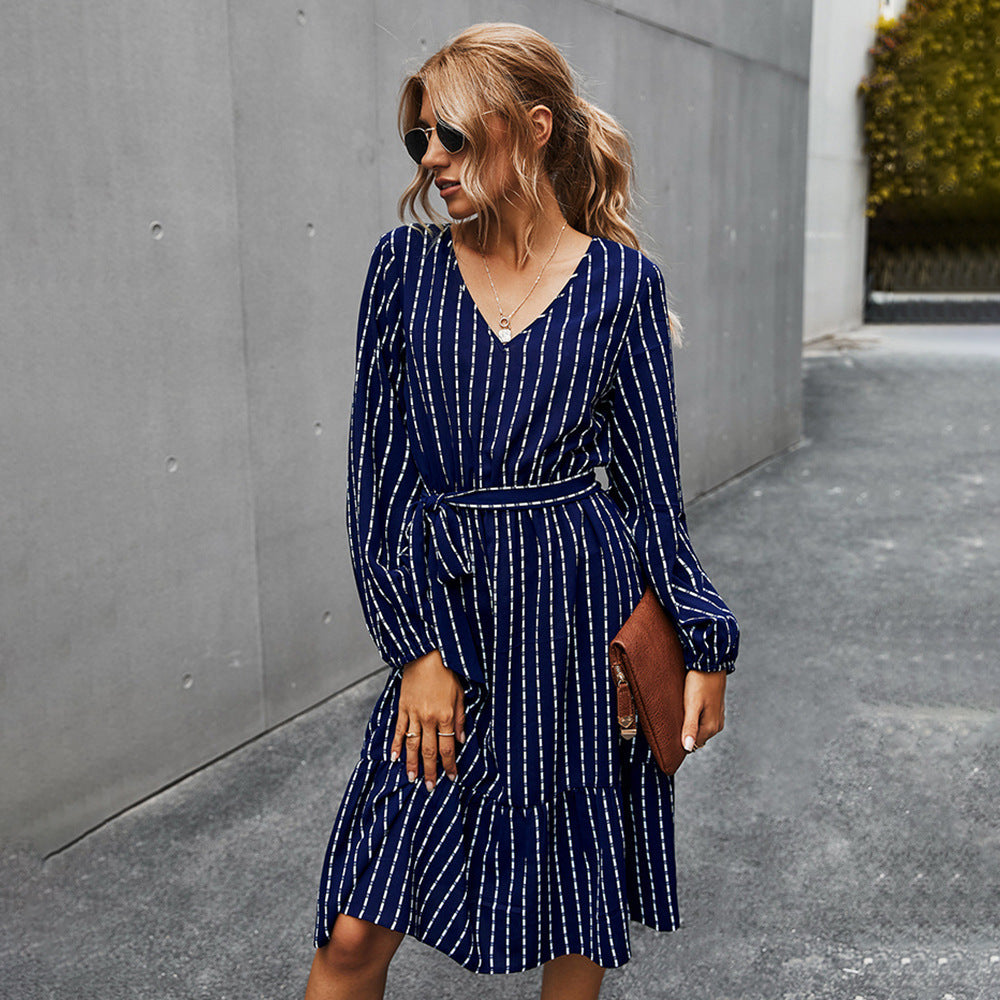 Herbst Einfaches Gestreiftes Kleid Damen