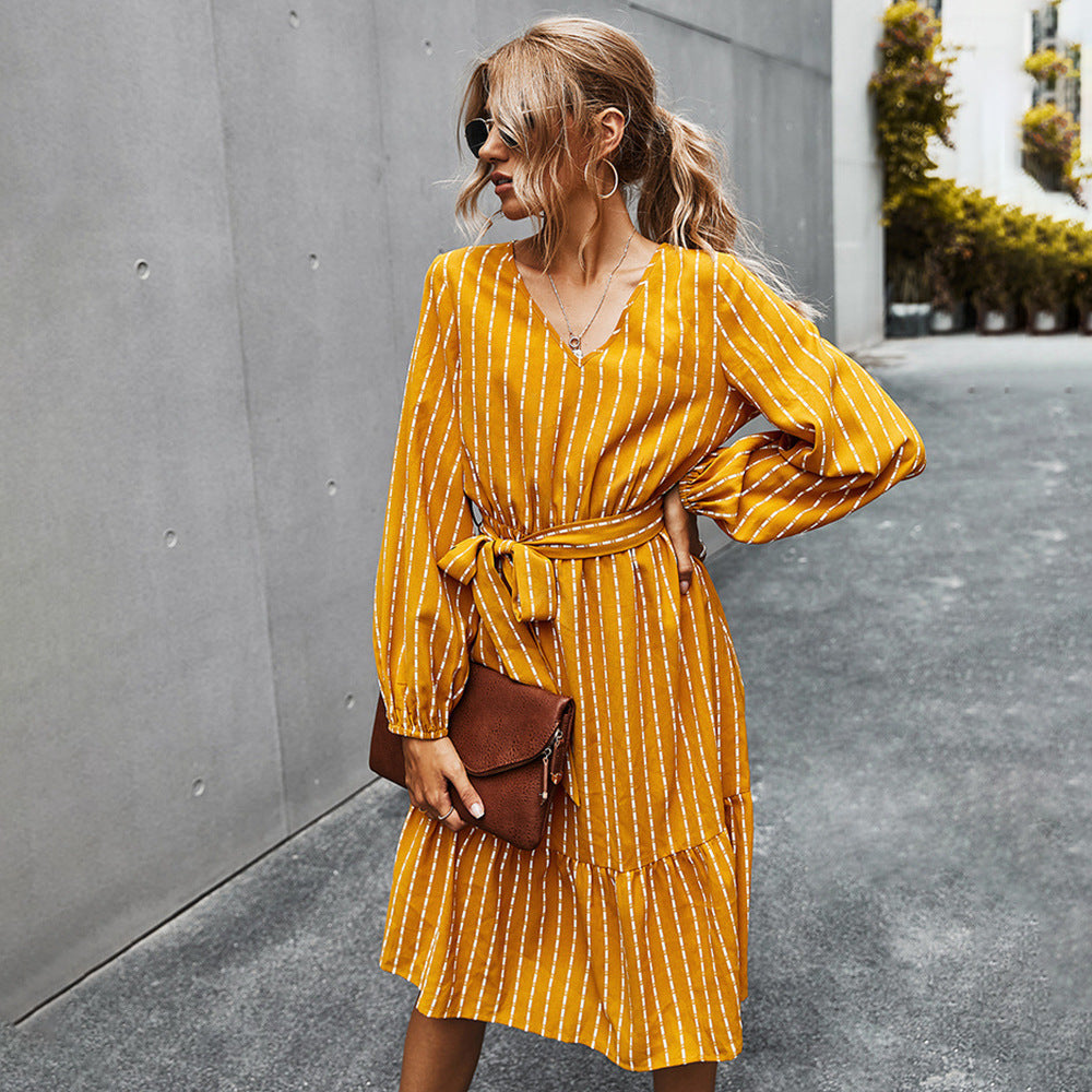 Herbst Einfaches Gestreiftes Kleid Damen