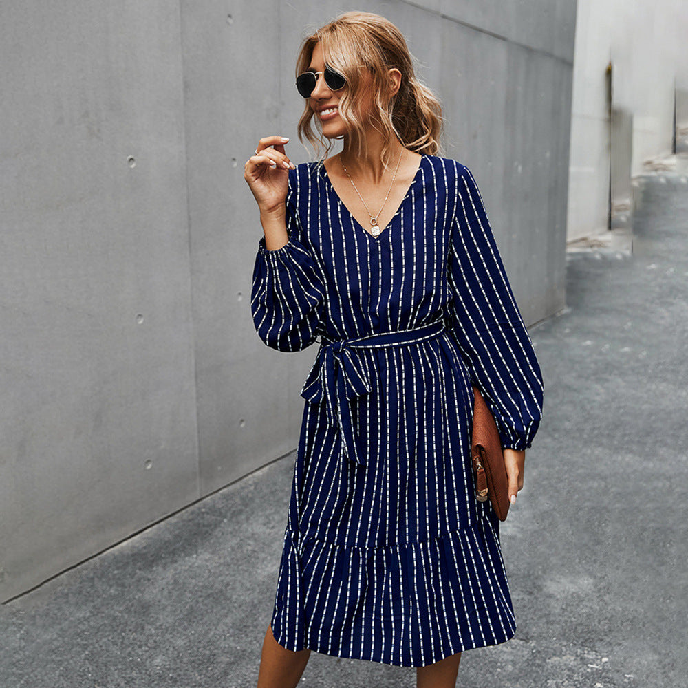 Herbst Einfaches Gestreiftes Kleid Damen