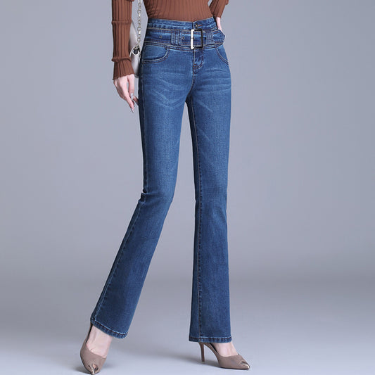 Jeans casual in cotone a vita alta con taglio a stivaletto in stile coreano