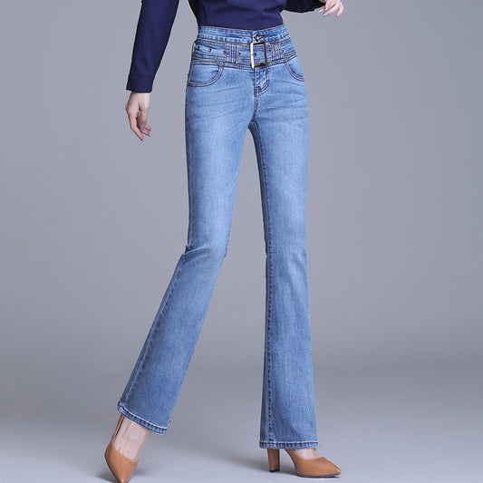 Jeans casual in cotone a vita alta con taglio a stivaletto in stile coreano