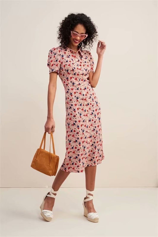 Damen Kleid mit frischem Druck und Revers, kurzärmelig, für die Teepause