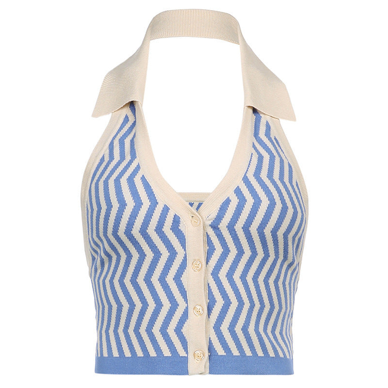 Women's  Ins Street Fashion Wave Striped Deep V Halter Halter Slim Vest