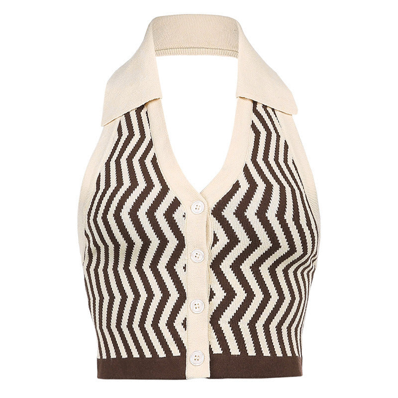 Women's  Ins Street Fashion Wave Striped Deep V Halter Halter Slim Vest