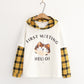 Cat Plaid Collar Hooded Long Sleeve Sweatshirt