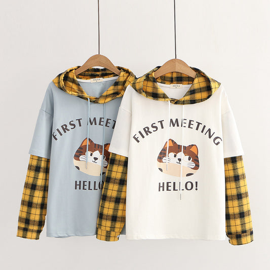 Cat Plaid Collar Hooded Long Sleeve Sweatshirt
