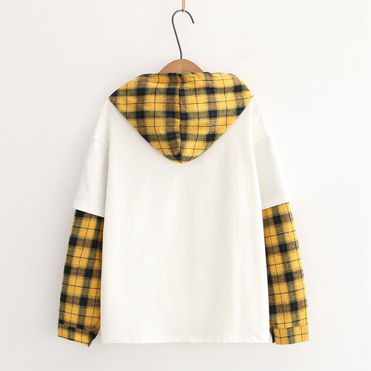 Cat Plaid Collar Hooded Long Sleeve Sweatshirt