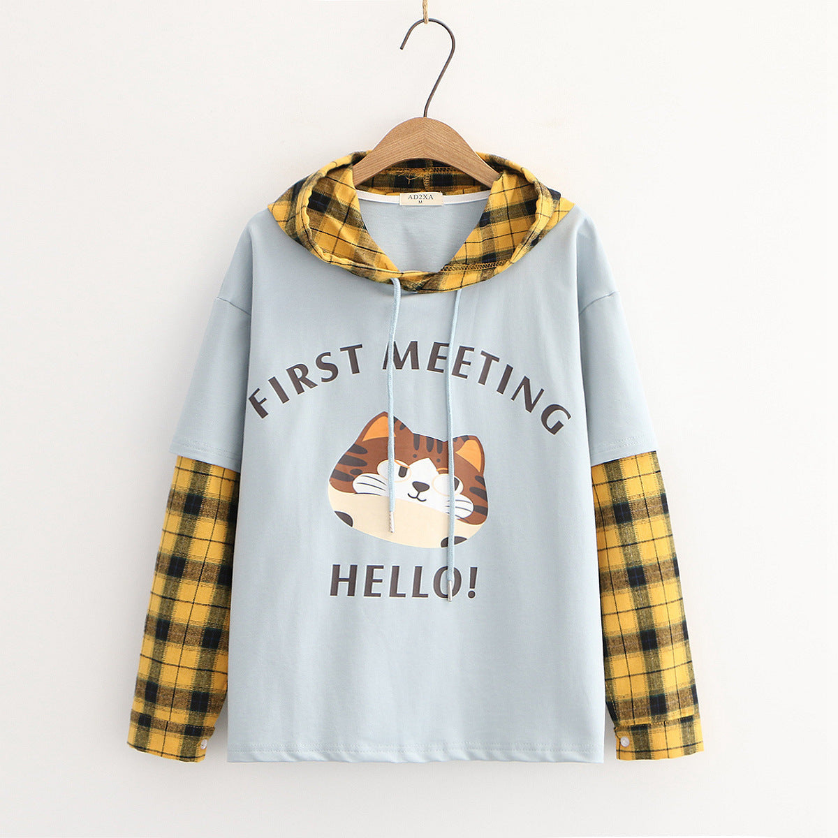 Cat Plaid Collar Hooded Long Sleeve Sweatshirt