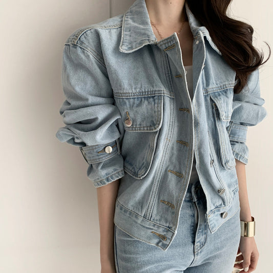 Falling Shoulders, Long Sleeves, Loose And Thin, Washed All-Match Lapel Denim Jacket