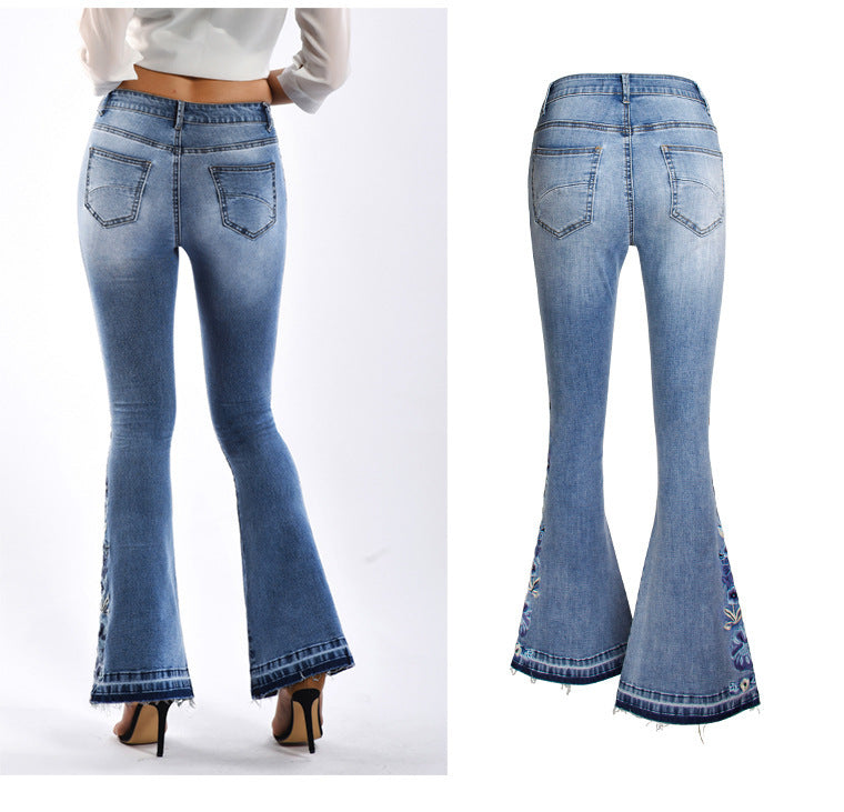 Denim Embroidered Women's Trousers, Wide-Leg Washed Flared Jeans, Plus Size Trousers