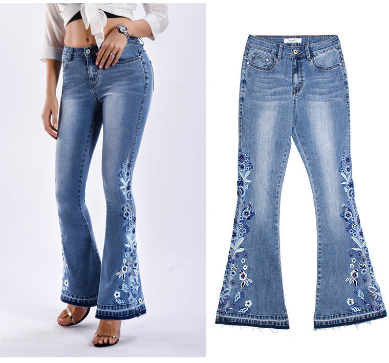 Denim Embroidered Women's Trousers, Wide-Leg Washed Flared Jeans, Plus Size Trousers