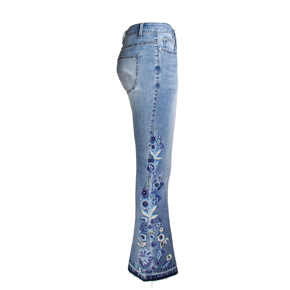 Denim Embroidered Women's Trousers, Wide-Leg Washed Flared Jeans, Plus Size Trousers