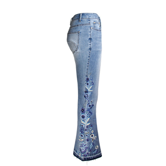 Denim Embroidered Women's Trousers, Wide-Leg Washed Flared Jeans, Plus Size Trousers