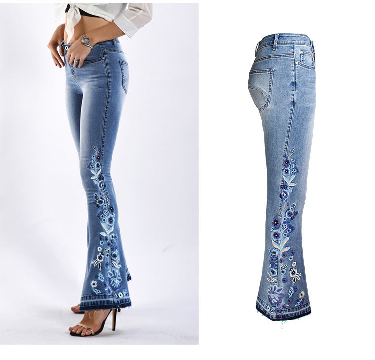 Denim Embroidered Women's Trousers, Wide-Leg Washed Flared Jeans, Plus Size Trousers