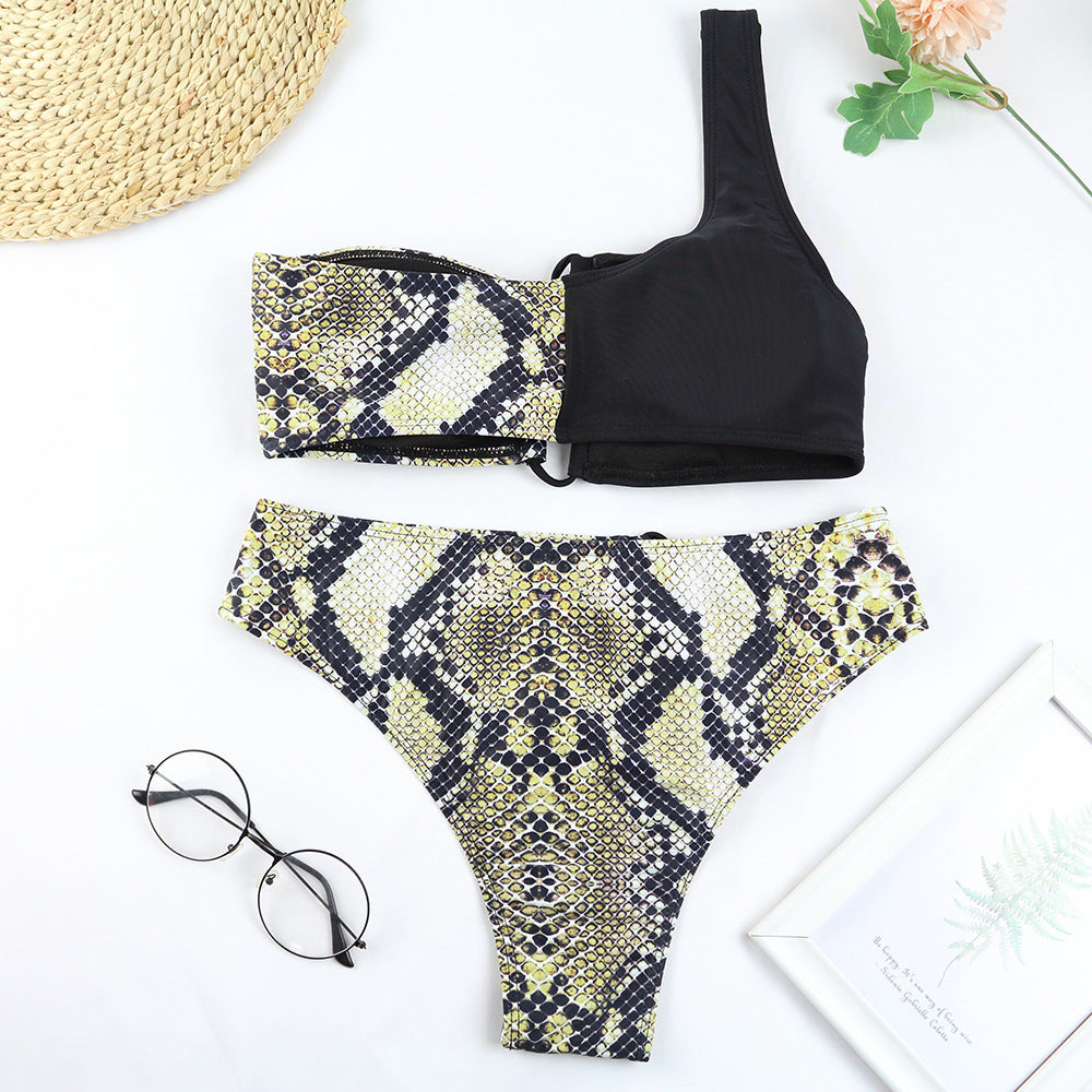 Damen Split Badeanzug One Shoulder Leopard Print Bikini Neue Stil Bademode