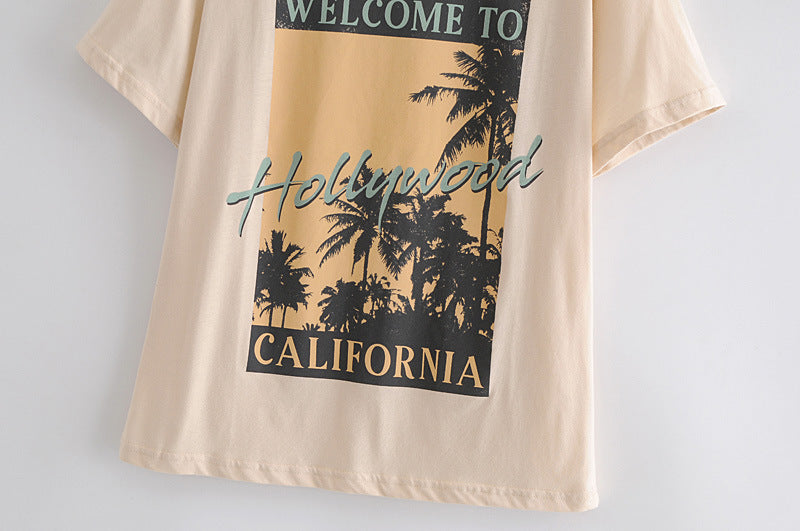 Summer New Fashion Ins Casual Loose Mid-length Palm Paulownia Print Short-sleeved T-shirt
