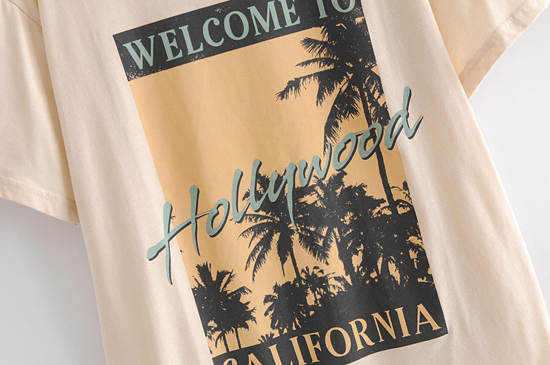 Summer New Fashion Ins Casual Loose Mid-length Palm Paulownia Print Short-sleeved T-shirt