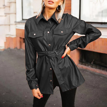 Camicia in pelle con risvolto e tasca con cintura, casual, tinta unita, da donna, alla moda