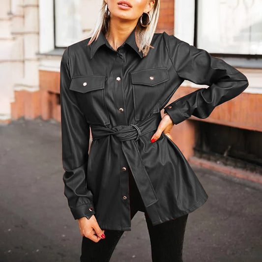 Camicia in pelle con risvolto e tasca con cintura, casual, tinta unita, da donna, alla moda