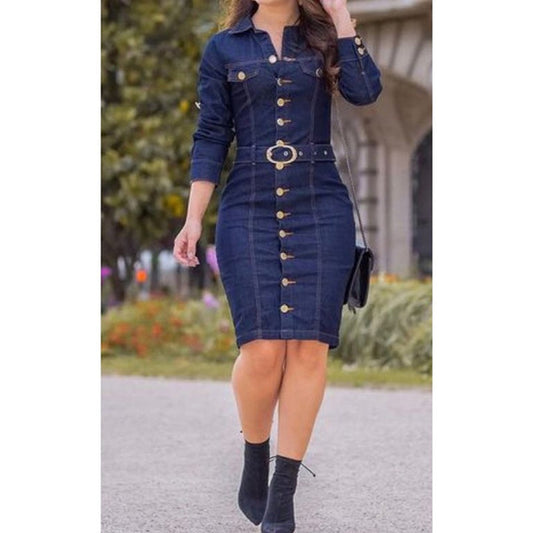 Langes, schmales, langärmliges Denim-Göttinnenkleid