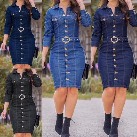 Langes, schmales, langärmliges Denim-Göttinnenkleid