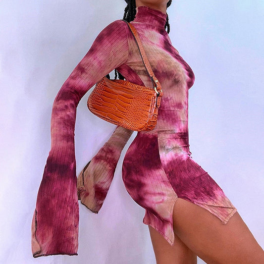 Spring New Women'S Fashion Trumpet Sleeves Sexy High Slit Bag Hip Print Dress Women