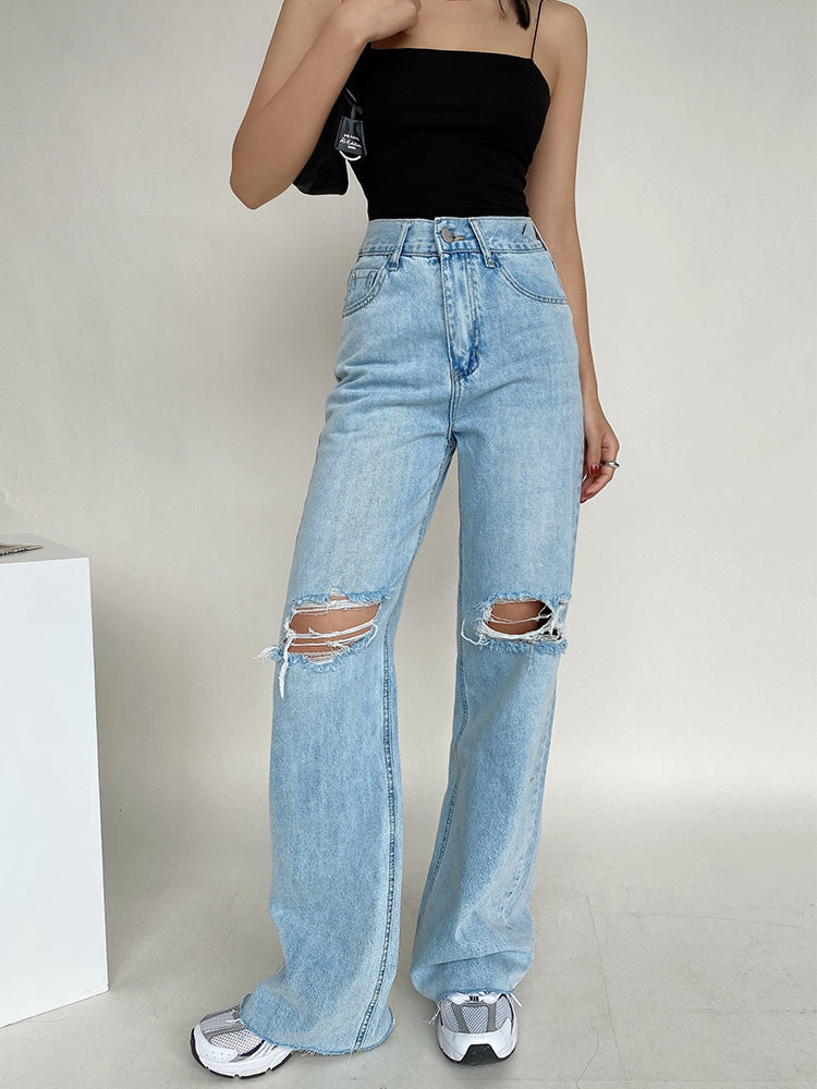 Liviahome Retro Jeans Strappati a Gamba Larga Pantaloni da Donna a Vita Alta Sottili e Larghi