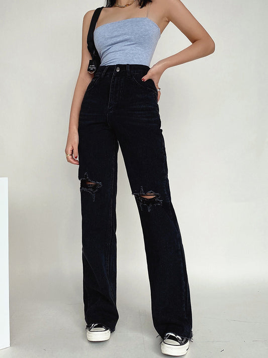 Liviahome Retro Ripped Wide-leg Jeans Female High-waisted Thin Loose Drape Mopping Trousers