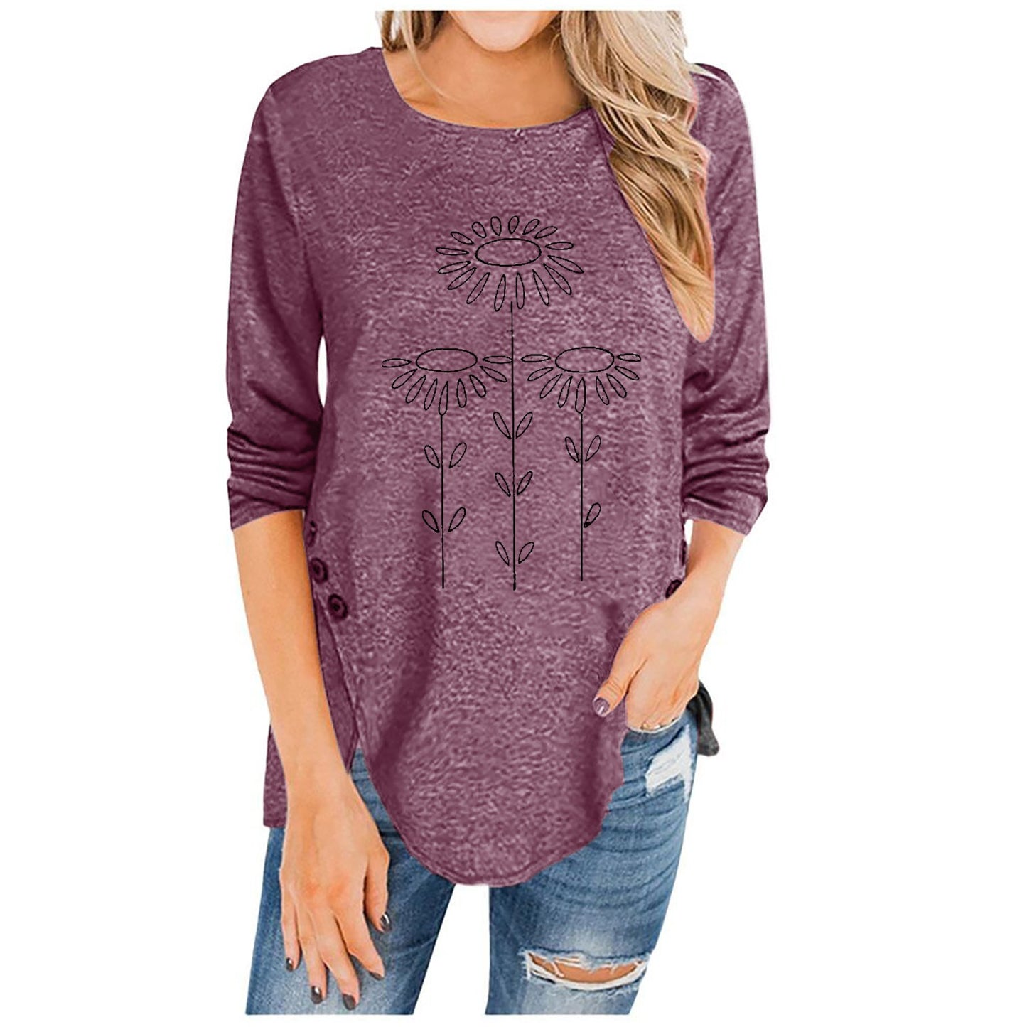 Irregular Button Long-Sleeved Round Neck Printed Women'S T-Shirt