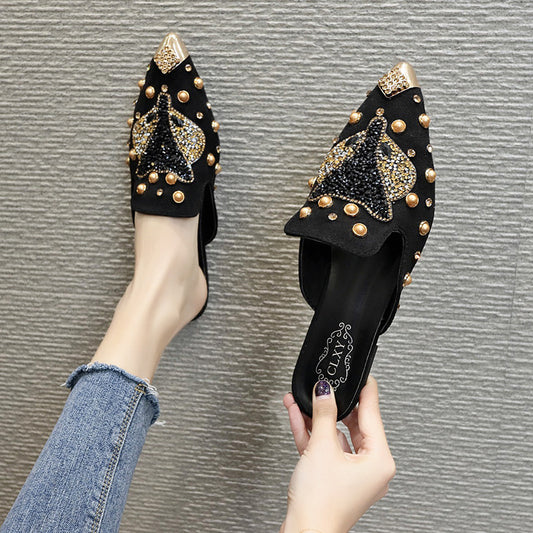 Oberbekleidung Baotou Half Drag Damenschuhe Strass All-Match Spitz Flache Schuhe