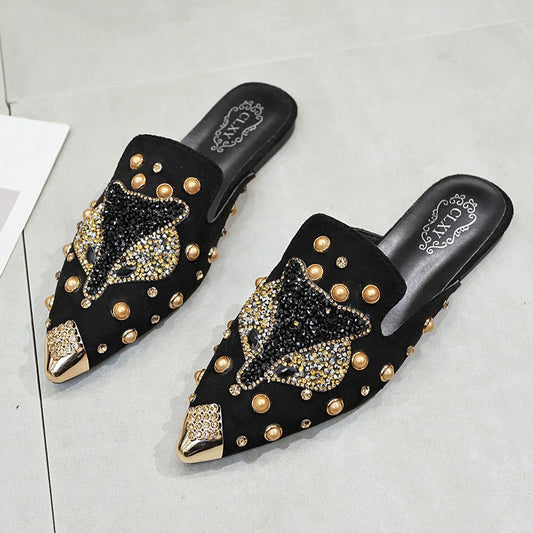 Oberbekleidung Baotou Half Drag Damenschuhe Strass All-Match Spitz Flache Schuhe