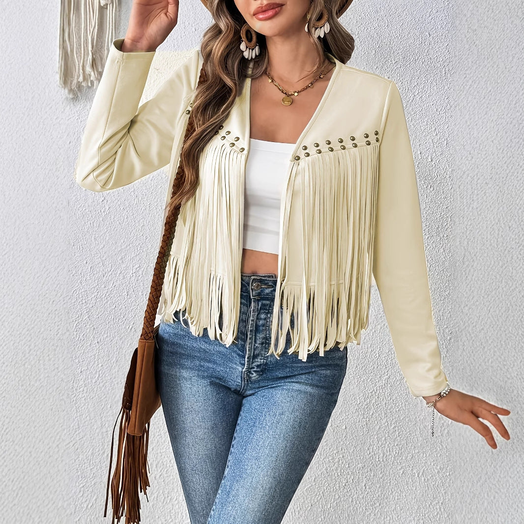 Elegante, einfarbige Damenjacke mit Quastenbesatz vorne offen