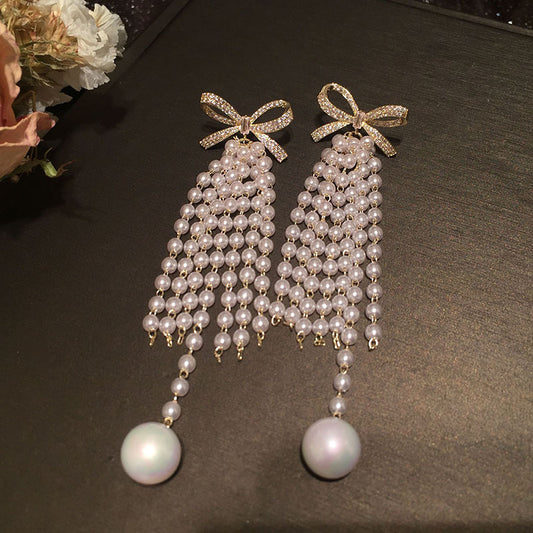 Bow Pearl Long Tassel Earrings