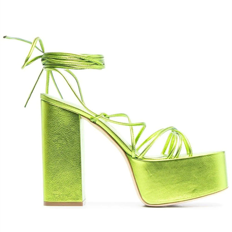 Sandali con plateau, tacco alto, cinturino alla moda, punta tonda, scarpe con plateau e lacci per donna